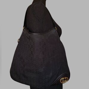 Gucci New Britt Hobo Bag in Black GG Monogram Canvas with Gold-tone Hardware